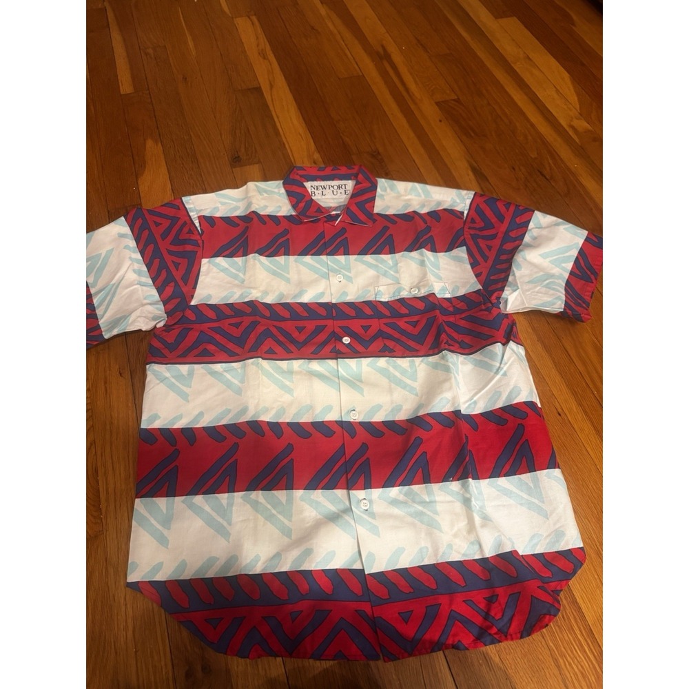 Newport Blue Men's Hawaiian Shirt Red Blue Tribal Print‎ Short Sleeve L Vintage